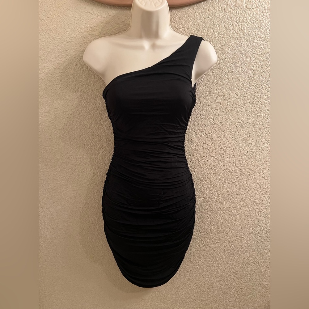 H&M Black One-Shoulder Ruched Bodycon Dress Sz.XS